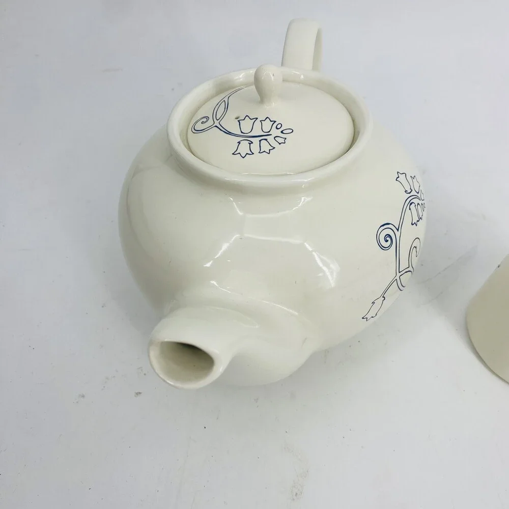 Vintage IKEA Odmjuk Teapot And Creamer Set Bone White With Navy Floral Design